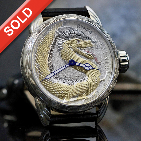 Hand Engraved Steel case -Fine Silver Dragon Dial
